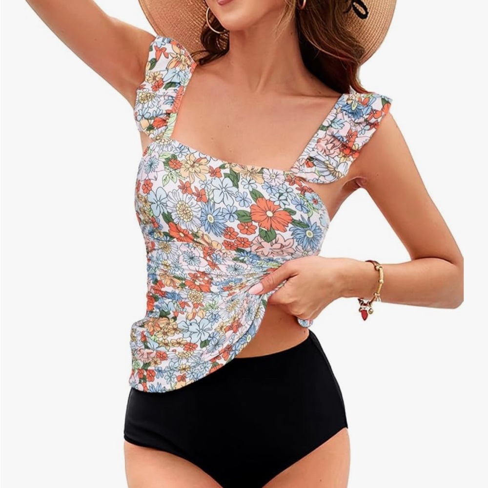 Kate Kasin Floral Ruffle Sleeve Swim Set